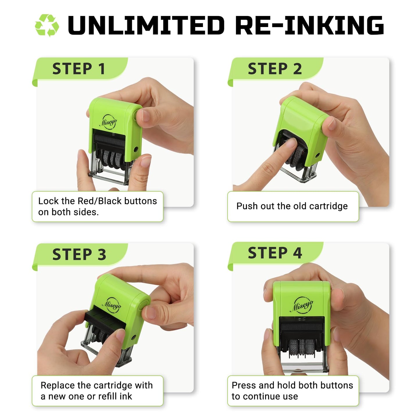 Miseyo Self Inking Date Stamp - Green (2 Black Refill Ink pad Included)