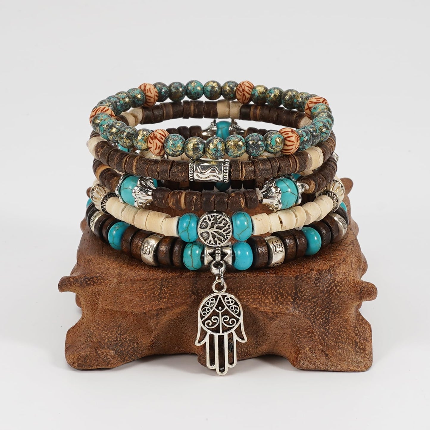Briutn Boho Bracelets for Women Stackable Wooden Turquoise Adjustable Stretch Bracelet for Men