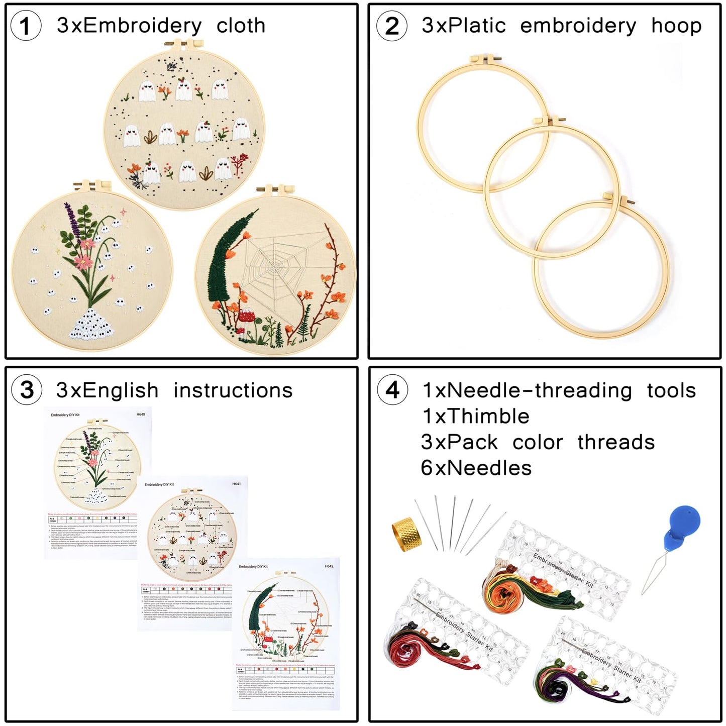Crafmanoe Cute Ghost Embroidery Kit for Beginners Adults, Halloween Embroidery Starter Kits, Funny Counted Cross Stitch Kits for Beginner Adult Hobbies for Women, 3 Set Embroidery Hoop, Fabric, Thread