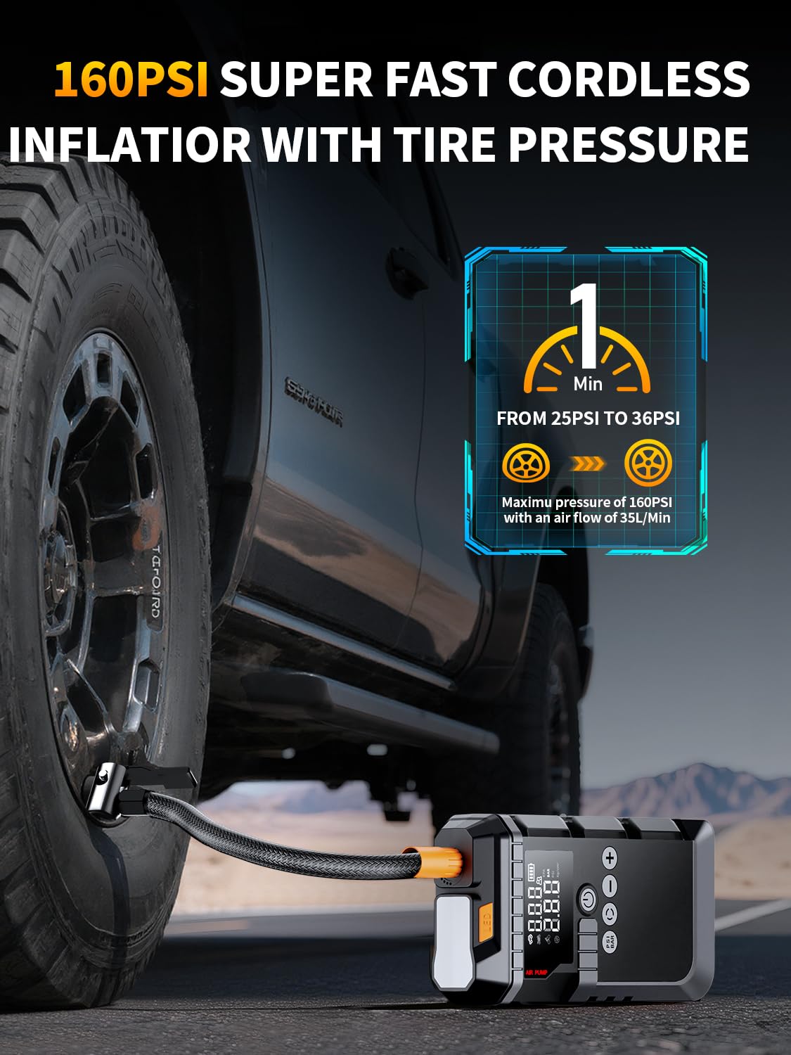 Jump Starter with Air Compressor, Battery Jumper Starter Portable,12V Jump Box with 160PSI Tire Inflator for Car Battery, LED Display for All Gas & 12L Diesel Engines, LED Light, Jumper Cables