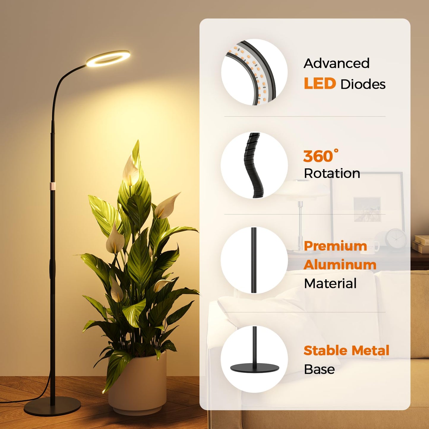 Bamworld Grow Lights for Indoor Plants, Full Spectrum Plant Lights for Indoor Growing, Floor Grow Lamp for Large Plants, Auto ON/Off Timer 3/9/12H, 10 Dimmable Levels, 37-65" Adjustable Height