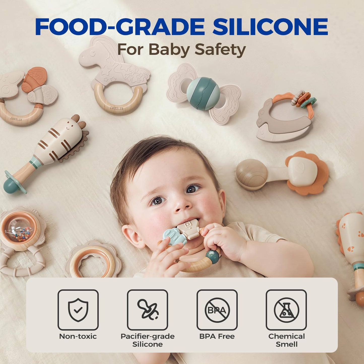Evoceler Softness Staged Baby Teething Toys with Rattles for 0-6 Months (30° Super Soft, 50° Soft, 70° Regular) -10 Pcs Shaker Toys, Food-Grade Silicone Teethers for Babies 0-18+ Months, BPA Free