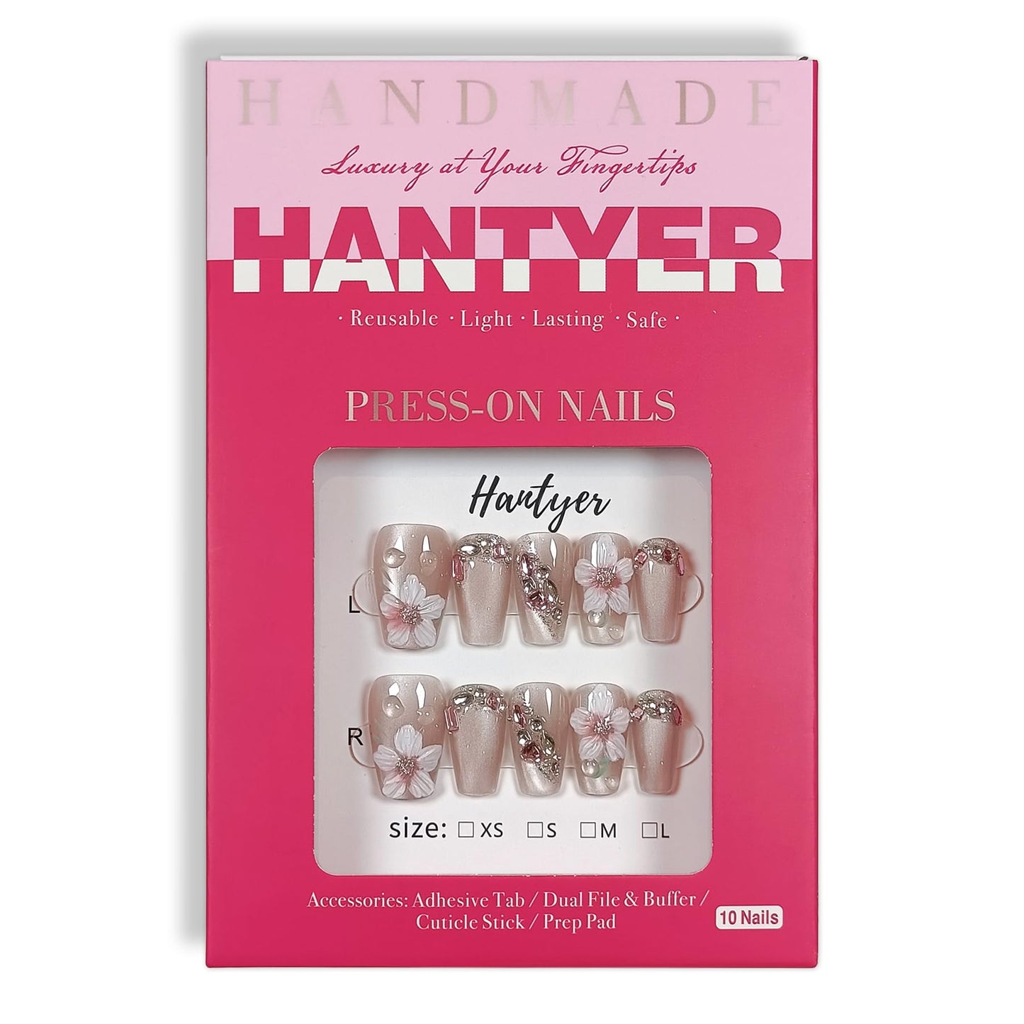 Hantyer Press On Nail Kits - 10pcs Handmade Acrylic False Nails In Pink With Flowers, Medium Coffin Shape, Rhinestone And 3D Cat Eye Design For Women - Multi-Layer Gel, Reusable Salon Nails
