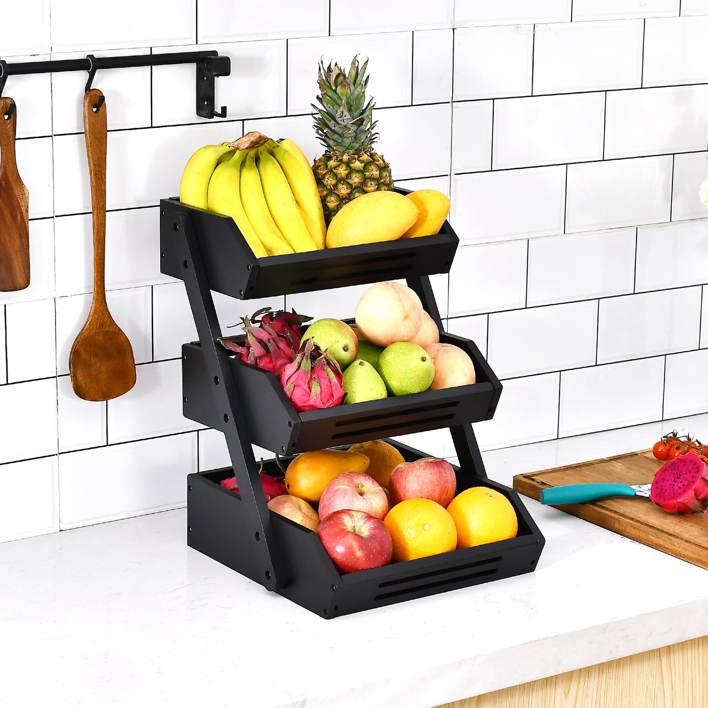 VIKEYHOME Fruit Basket, 3 Tier Bamboo Fruit Bowl for Kitchen, Fruit Vegetables Stand Storage Holder, Idea Home Kitchen Countertop Organizer