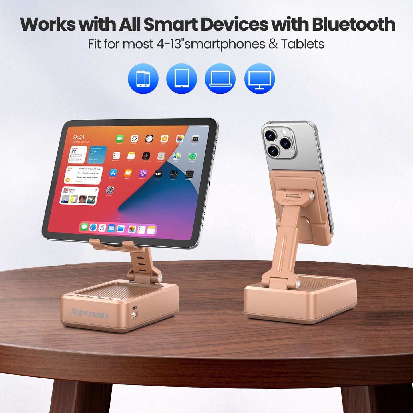 JTEMAN Cell Phone Stand with Bluetooth Speaker,HD Sound Adjustable Phone Holder,Birthday Gifts for Men Women, Cool Tech Kitchen Gadgets for Most Phones and Tablets-Rose Gold