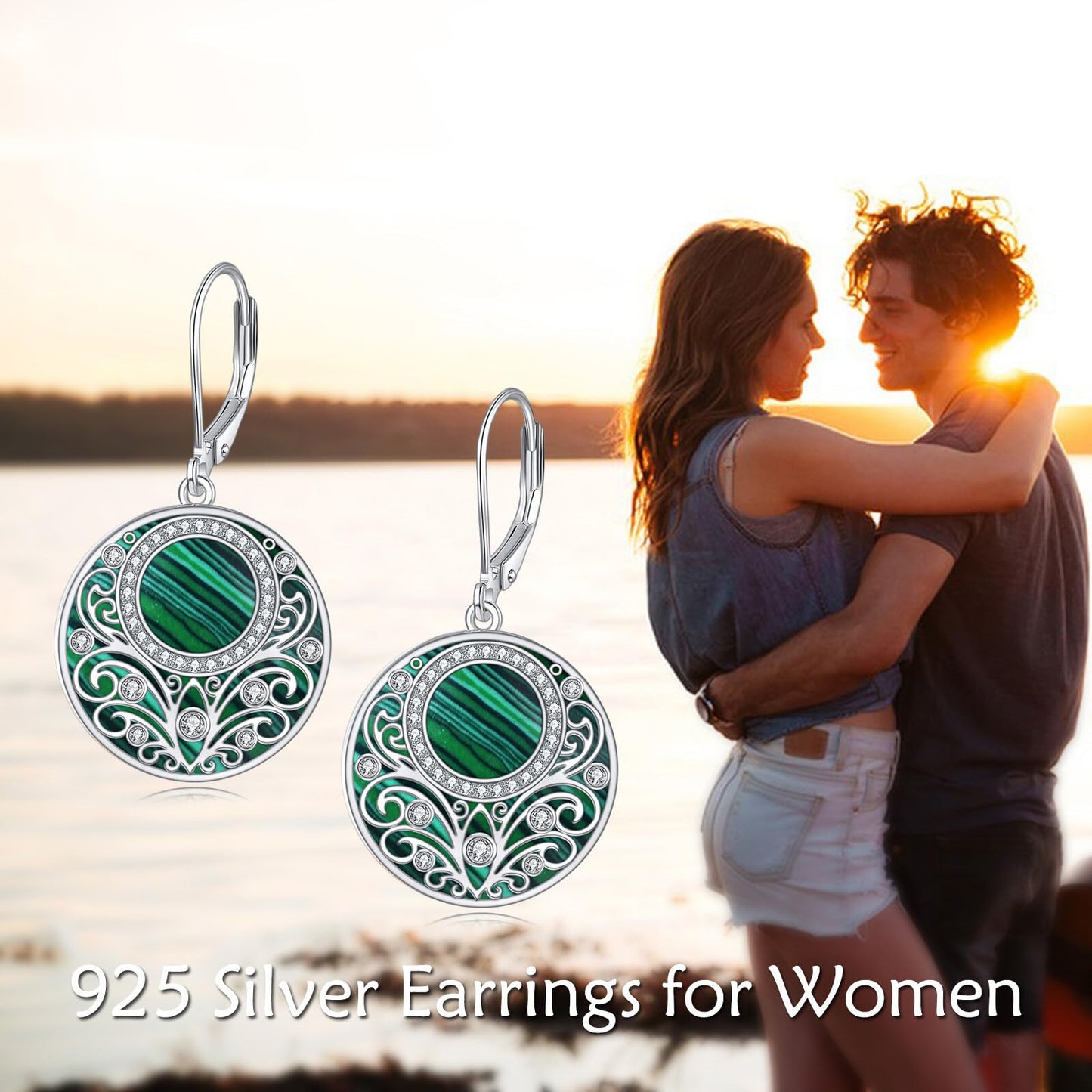 Malachite Drop Earrings Sterling Silver Filigree Leverback Earrings Green Circle Dangle Jewelry Gifts For Women