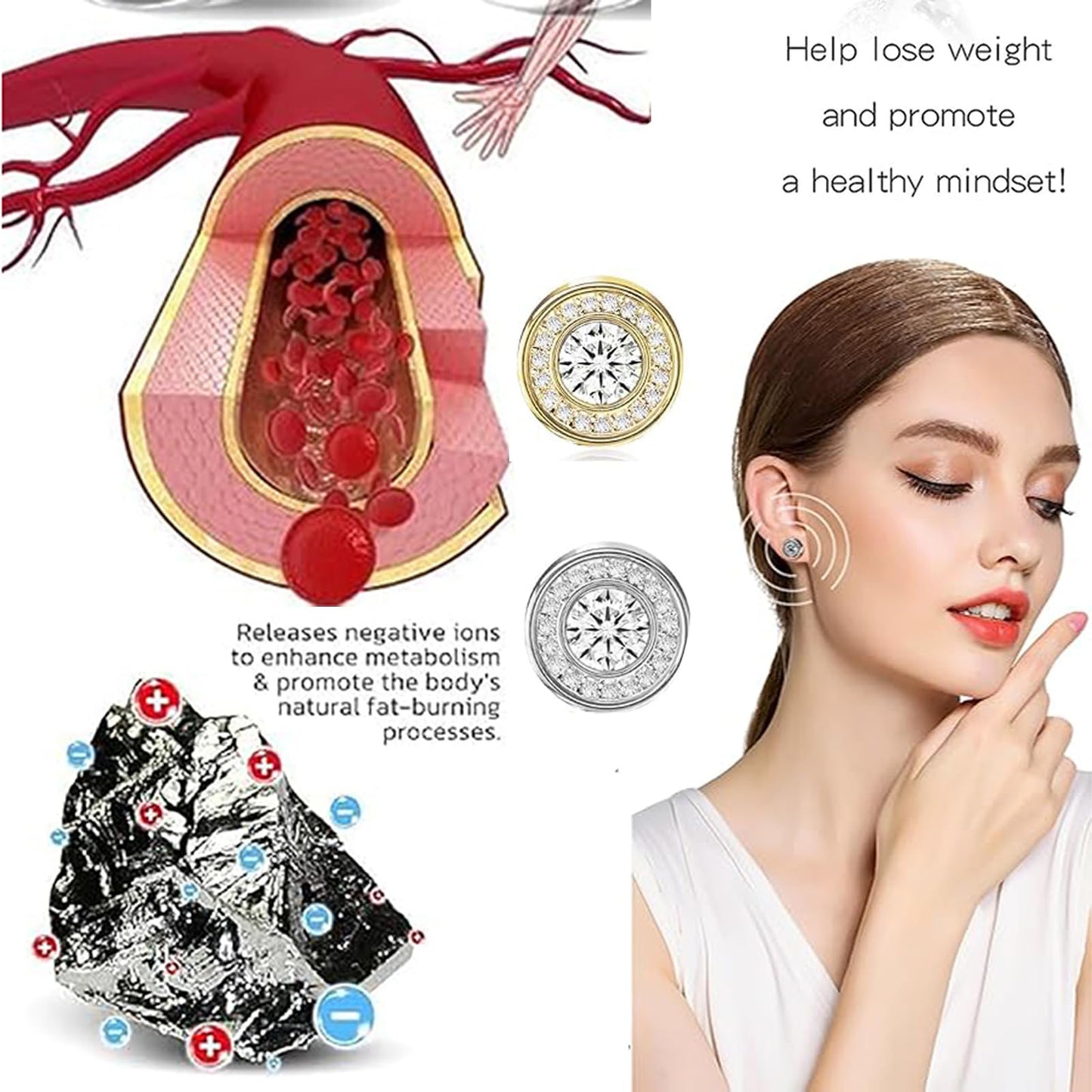Lymphatic Magnetology Earrings For Women, Halolux Lymphvity Germanium Drainage Therapy Infrared Bead Negative Ion Lymph Detox Earring Stud Earrings Round Rhinestone Jewelry Gift (gold&silver)