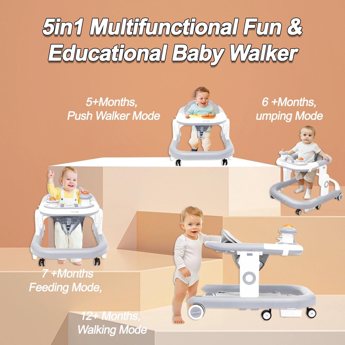 5-in-1 Baby Walker with Wheels Foldable Height-Adjustable Walker for Baby Boy 6-12 Months with Feeding Tray Multi-Functional Activity Center (Grey)