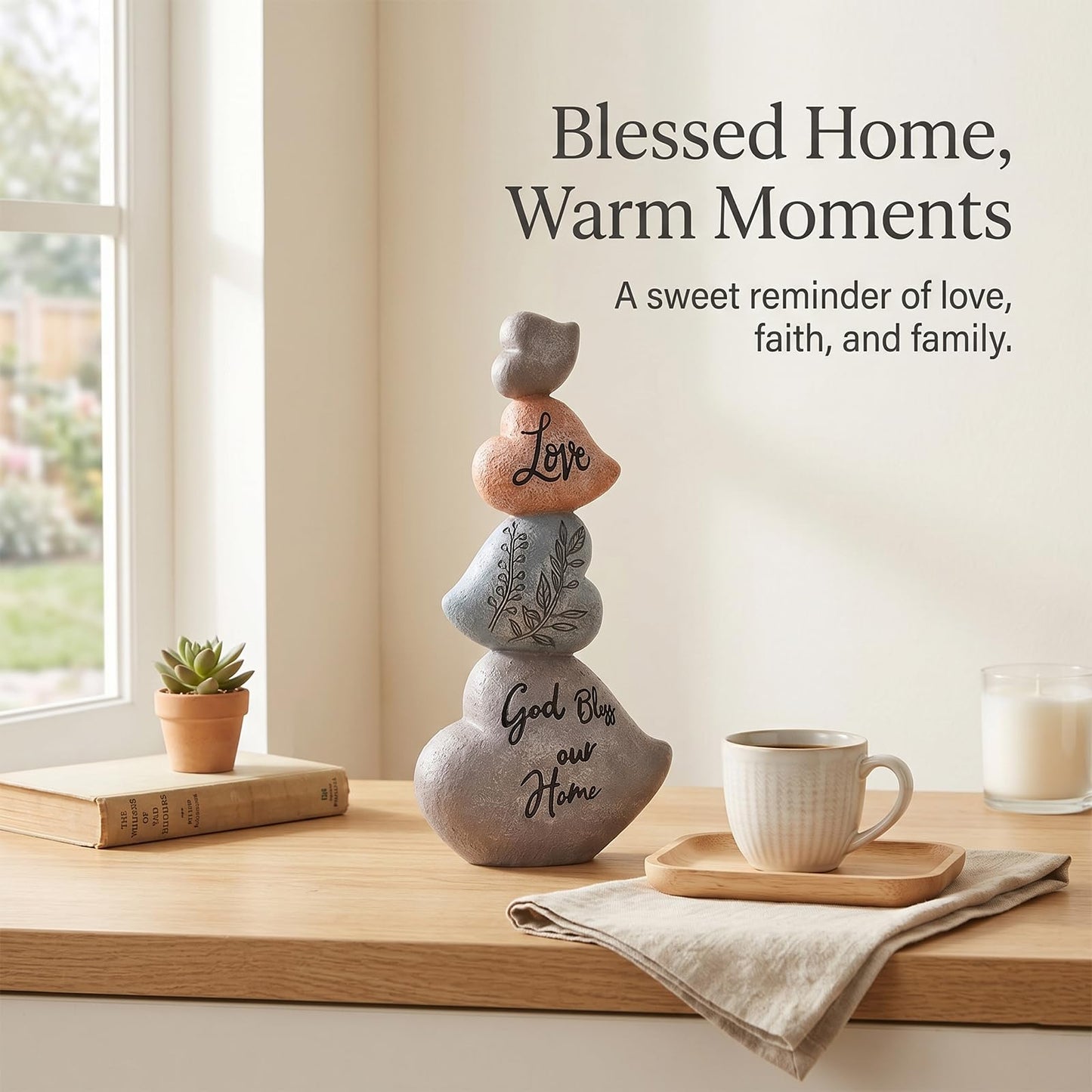 8.07in Heart Sculpture Decor, Textured Stone-Look Love Statue with God Bless Our Home Message, Stacked Heart Figurine for Shelf, Tabletop and Mantel, Housewarming Gift, Heart Decorations for Home
