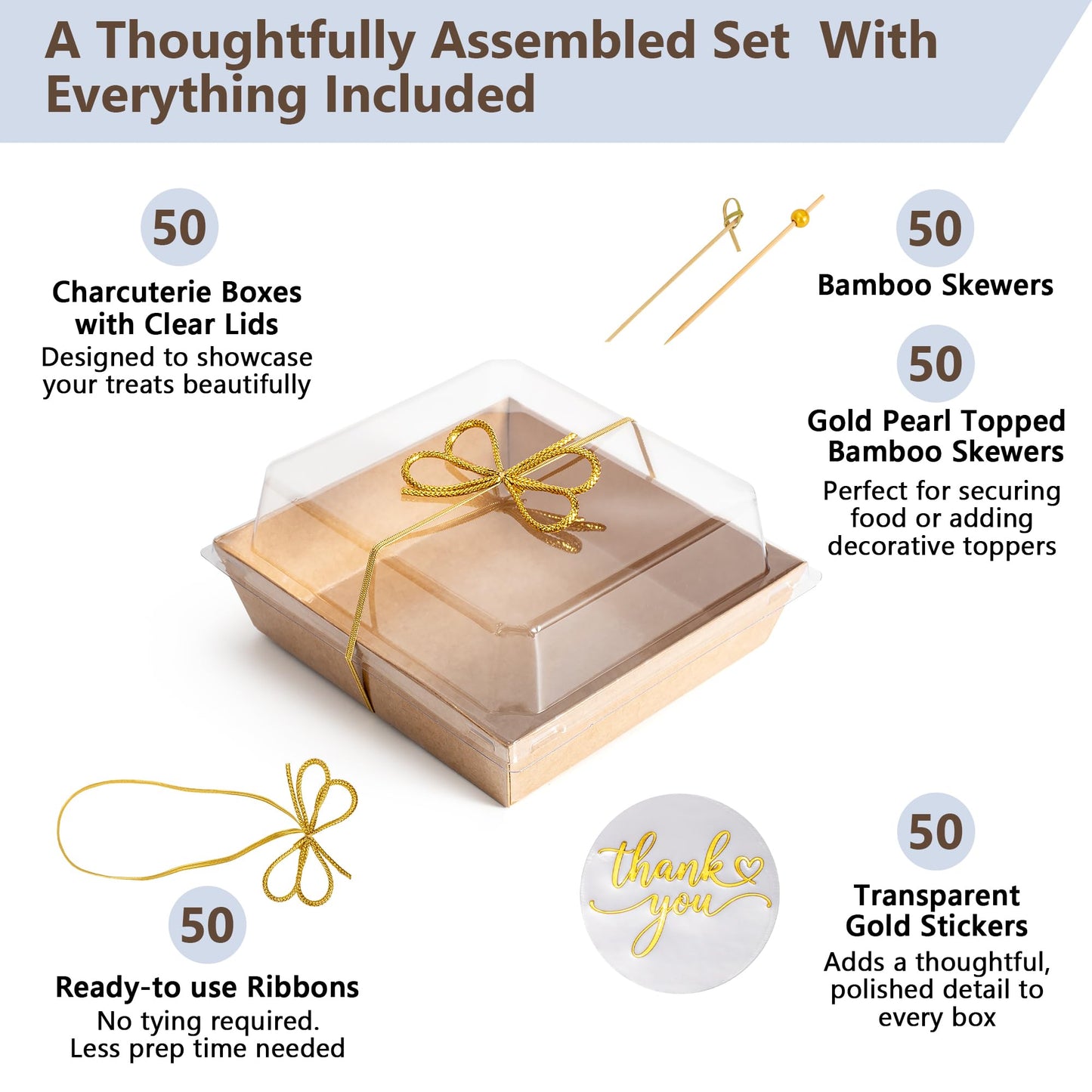 Gift-Ready Charcuterie Boxes with Clear Lids, Cake Slice Container, Bakery packaging, Food Gift Containers, Small Treat, 5"Dessert Boxes with Ready to use Ribbon and Bamboo Skewers-50 Count-BROWN