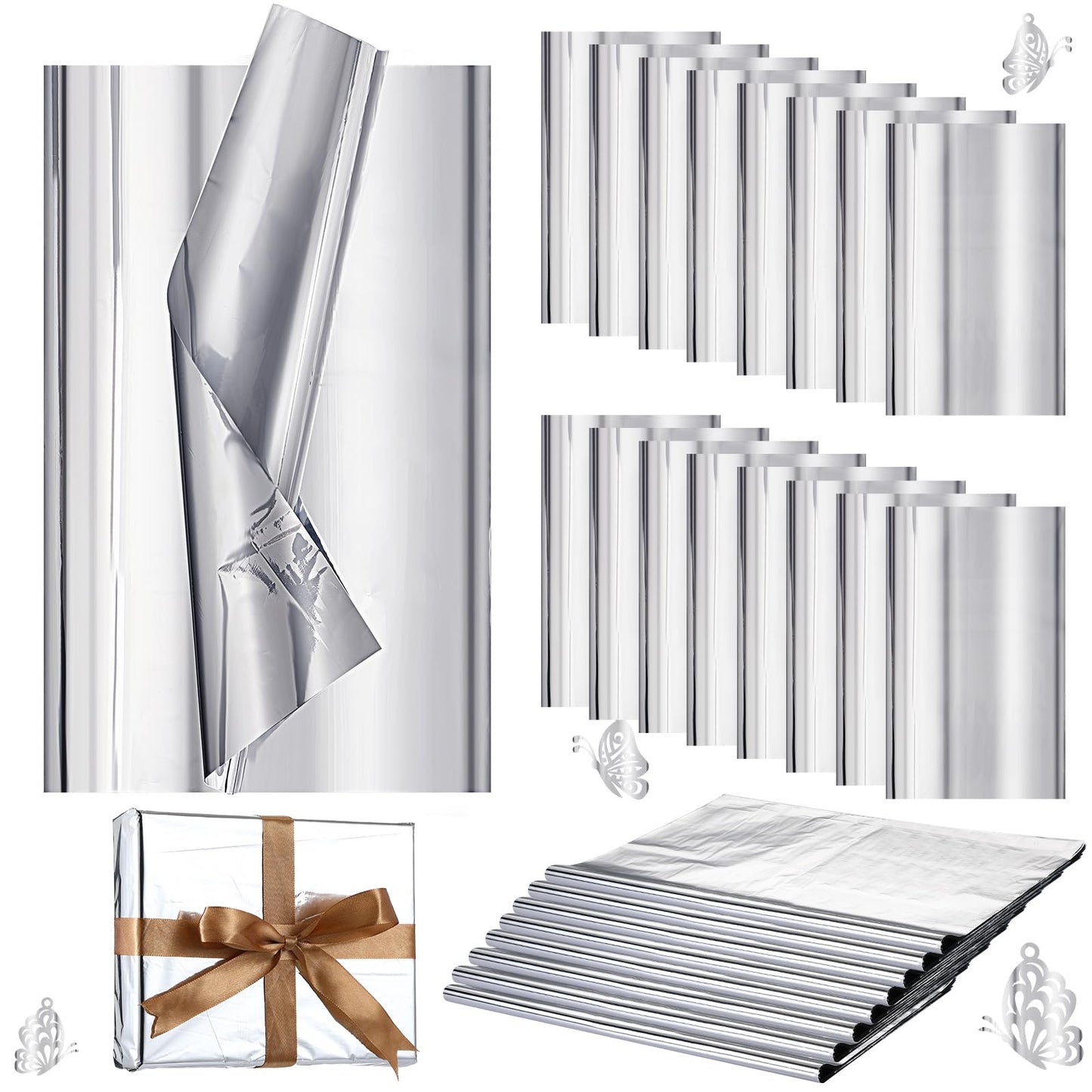 Resurhang 100 Sheets Silver Tissue Paper, 15'' x 20'' Inches Metallic Foil Tissue Sheets, Silver Wrapping Paper Bulk for Craft DIY Gift Wedding Birthday Party Decorations Arts Project