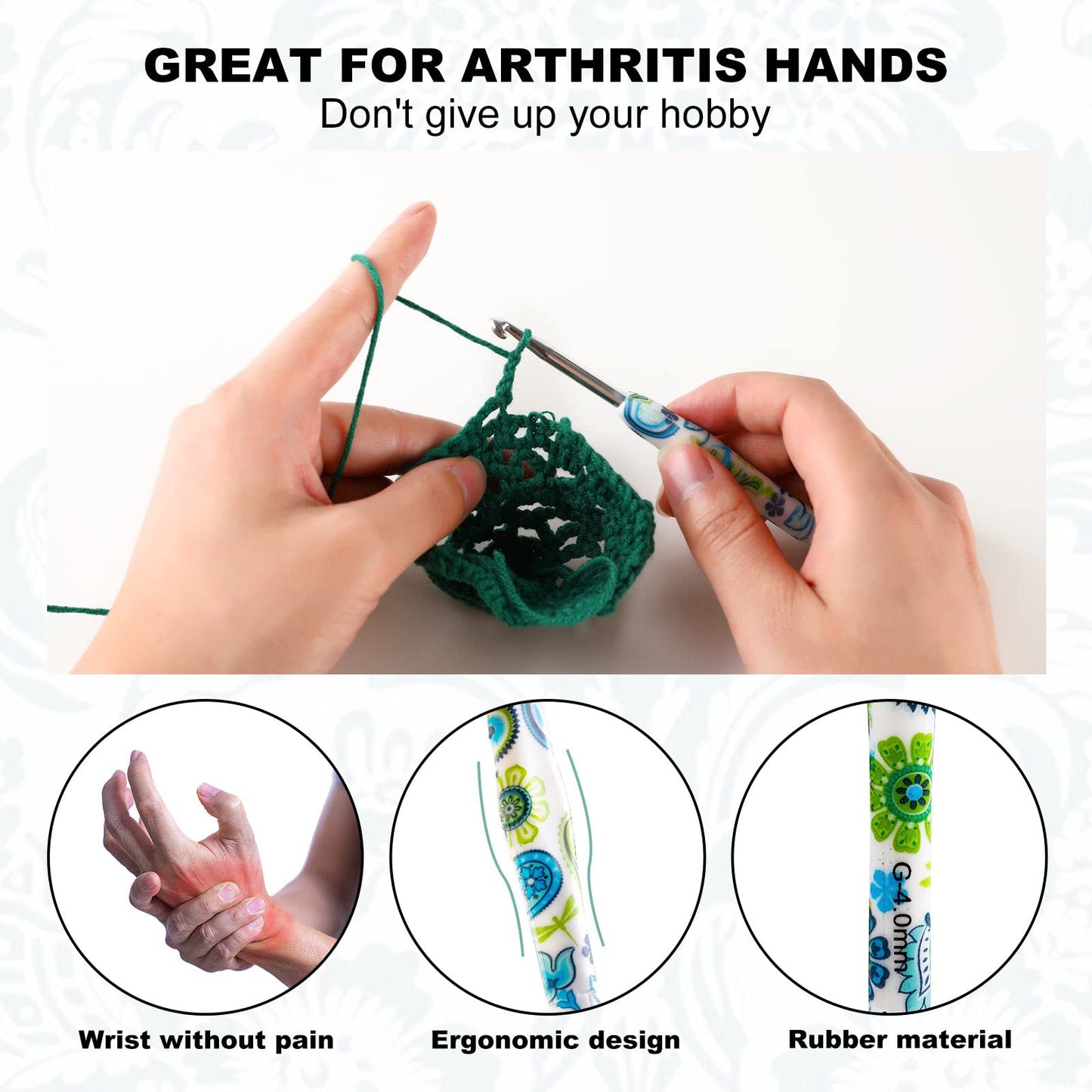 Looen Crochet Hooks Set, 14 Sizes 2.25mm(B)-10mm(N) Ergonomic Handle for Arthritic Hands, Soft Rubber Grip Knitting Needles Kit for Crochet Beginners, Knitting Enthusiasts(Green)