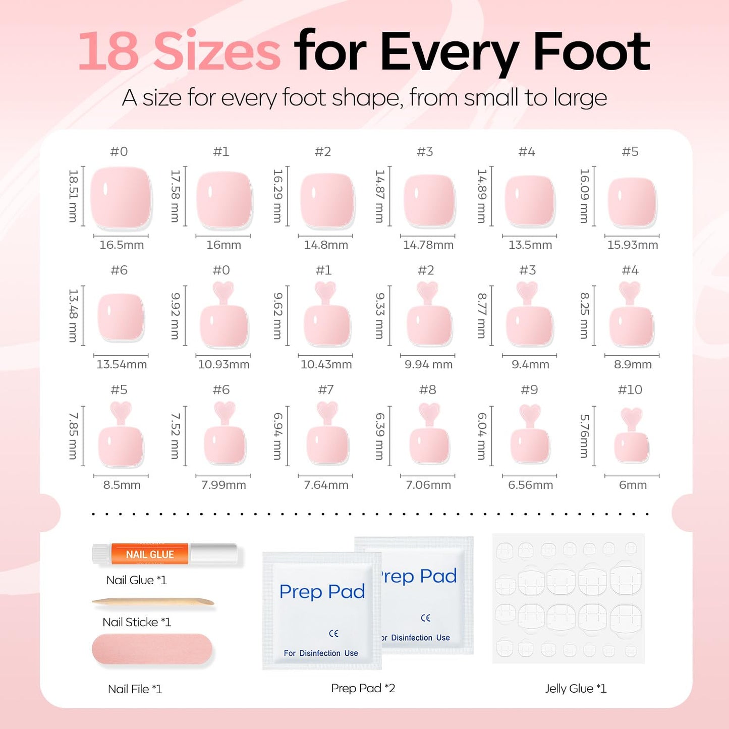 Modelones Press on Toenails Short, Soft Pink Toe Press on Nails Square, Reusable Nail Kit with Nail Glue Adhesive Tabs Mini Nail File, Toe Nails 36Pcs 18Sizes, Spring Summer Women Girl Gift