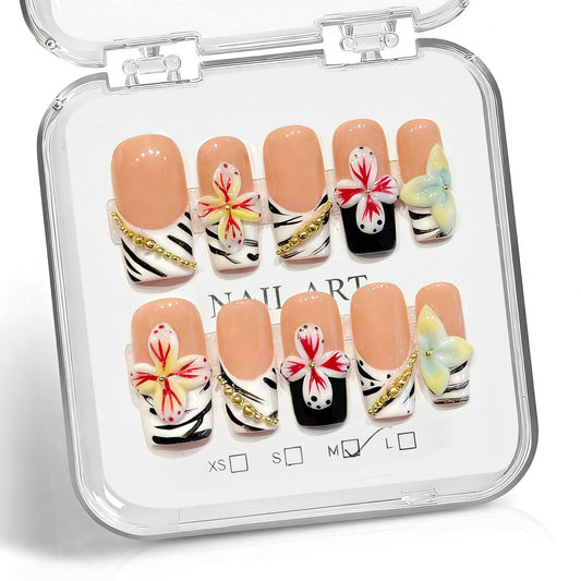 10 Pcs Handmade Press on Nails Medium Square Fake Nails with 3D Flower Design Tiger Stripe French Tip False Nails M Size Press Ons Nails Square for Women Summer Acrylic Manicure