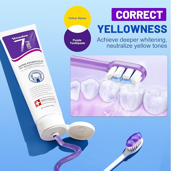 SP-6 Toothpaste Set, 6 Probiotics for Whitening & Cooling Fresh Breath, 7- Pro Intense Whitening, Fluoride-Free, Safe for Enamel, Deep Brigthtening & Freshness (2 Tubes, Blue+Purple)