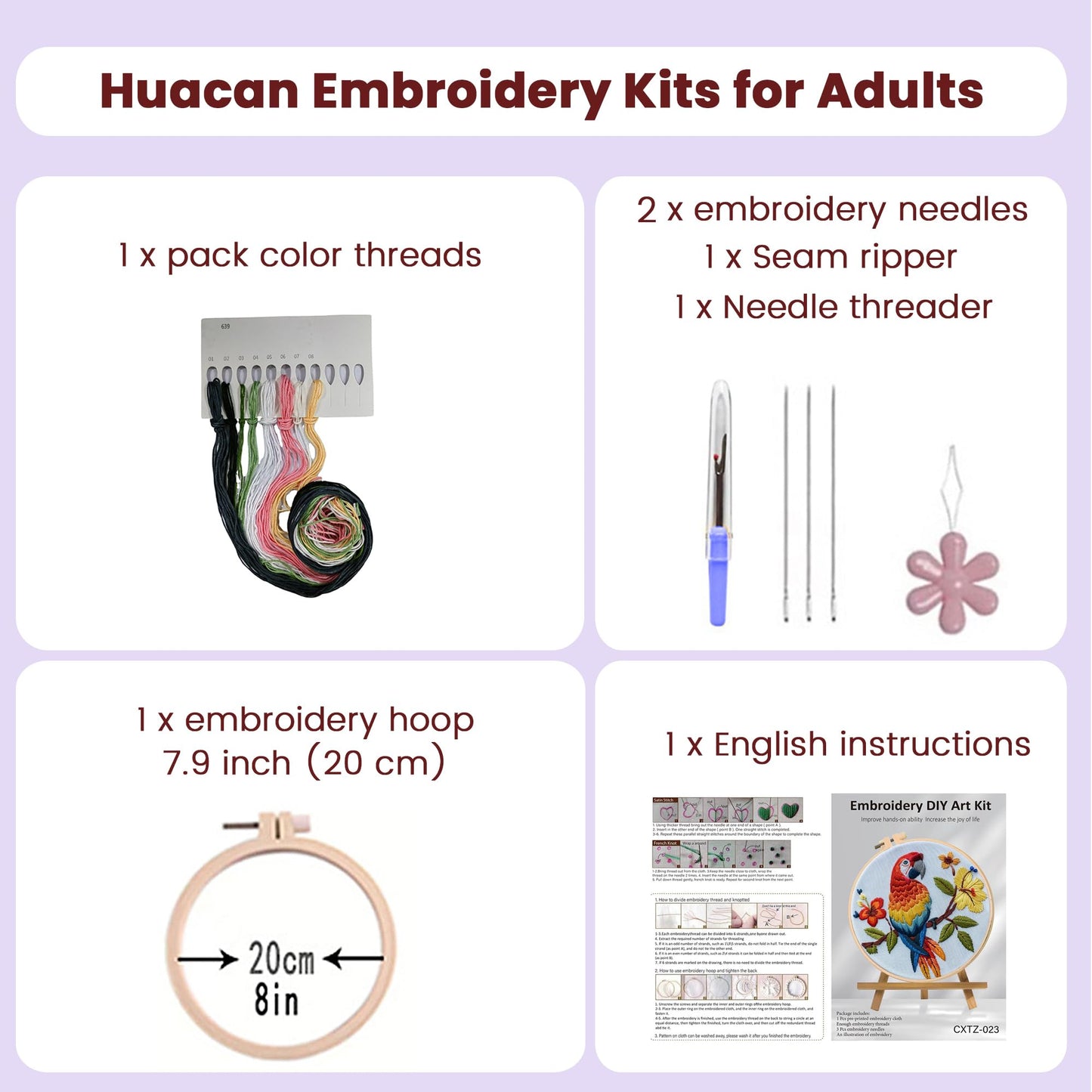 Huacan Embroidery Kits for Adults Beginner DIY Cross Stitch Stamped Animal Pattern Stitching Sewing Kit 1 Piece 7.9 x 7.9 Inch (Parrot)