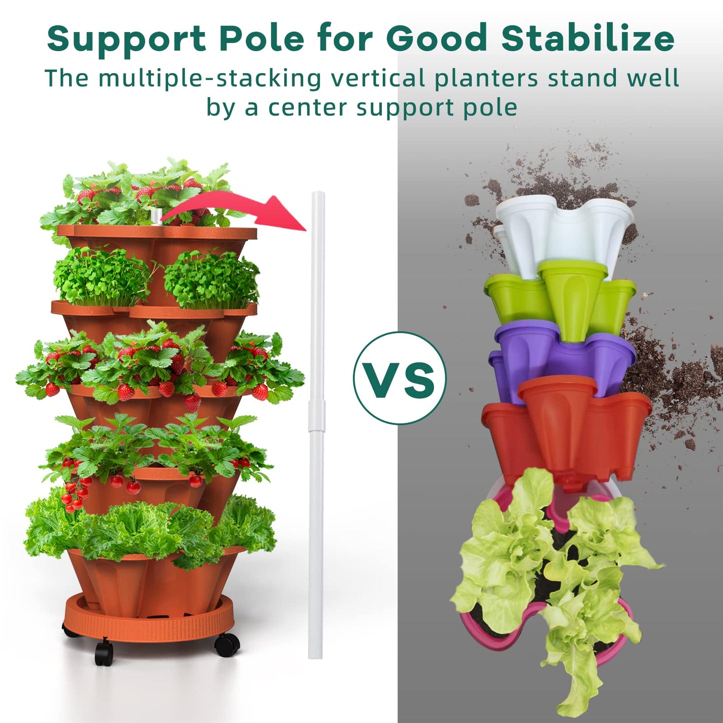 Tectsia Strawberry Vertical Planters 2 Pack, 5 Tiered Stacking Tower Garden with Support Pole, Stackable Herb Vegetable Planters Indoor Outdoor Terra Cotta