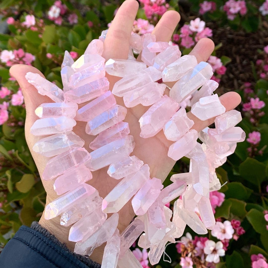 Adabele 15 Inch Natural Raw Healing Crystal Quartz Gemstone Loose Beads Large Drilled Point Rose Pink AB Titanium Coated Chakra Gem Stone Drop Stick GA-E8