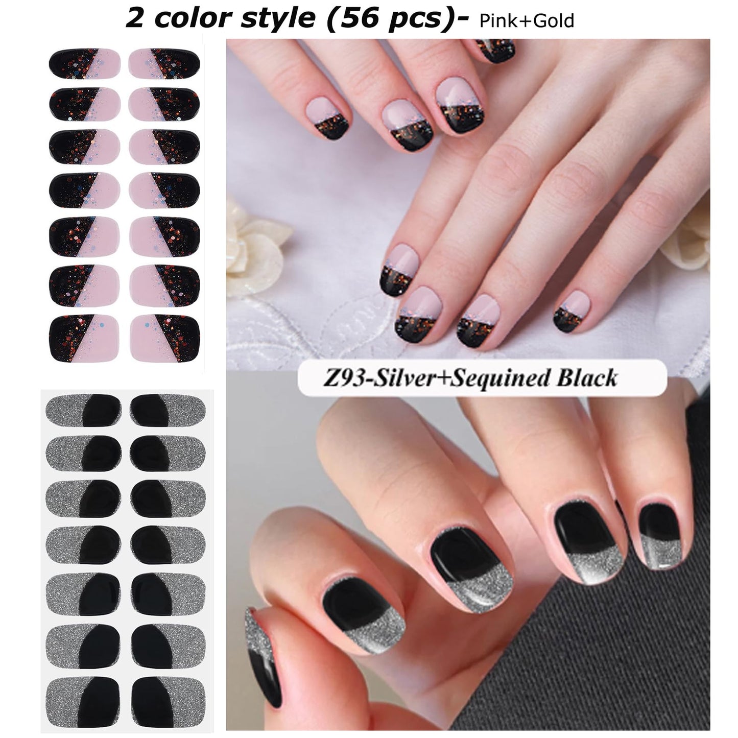 DUKASOU Semi Cured Gel Nail Strips, 56Pcs Nail Art Stickers/Wraps, Long Lasting UV Nail Polish Strips for Adults(Silver+Sequined Black)