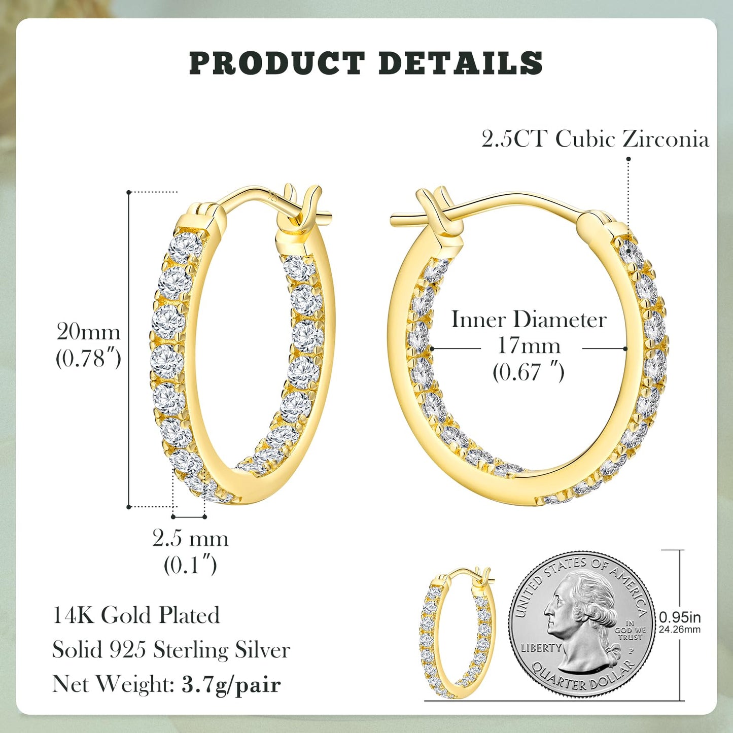 14K Gold Plated Hoop Earrings for Sensitive Ears Women Big Cubic Zirconia Hoops Large Round Earrings Hypoallergenic