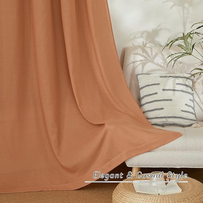 NICETOWN Thick Linen Blend Curtains Flax Textured for Bedroom, Rustic Grommet Semi Sheer Privacy Added Window Curtains & Drapes Light Filtering for Nursery, Burnt Orange, W42 x L63, Set of 2