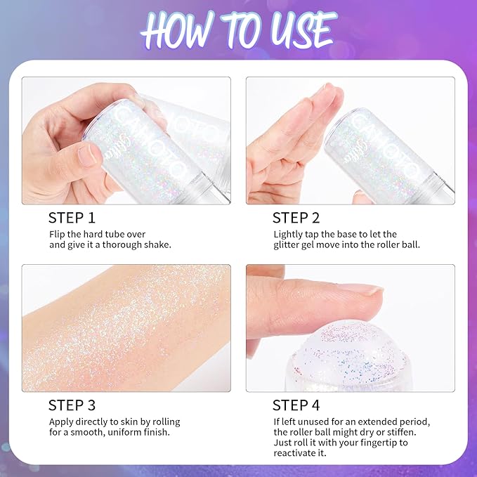 CAHOTO Purple Rolling Glitter for Face Body & Hair, Sparkling Holographic Chunky Shimmer, Roll-on Sequins for Singer Concert Rave Festival Halloween Party Mardi Gras Carnival, 1.35fl.oz
