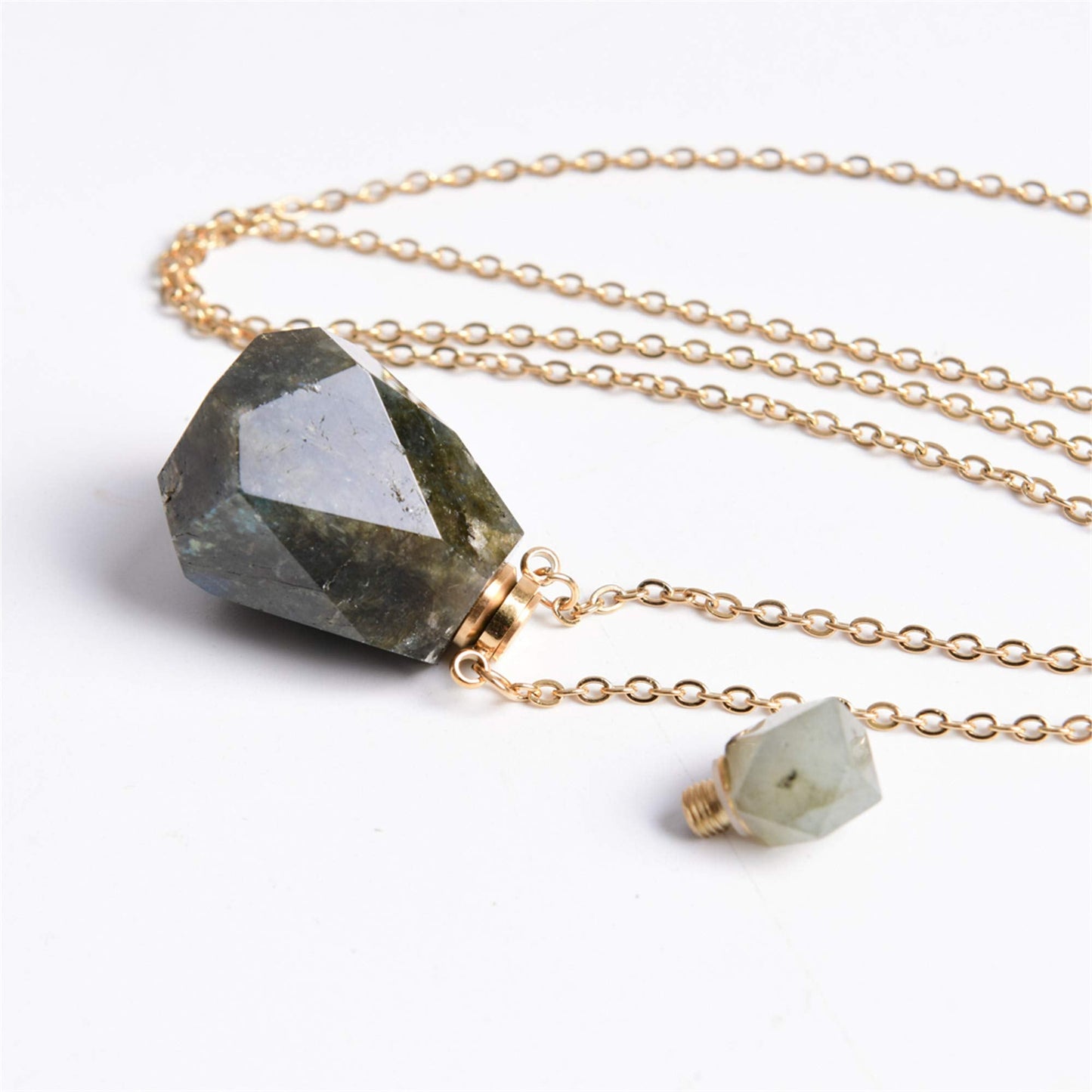 YGLINE Labradorite Perfume Locket Necklace Aromatherapy Essential Oil Diffuser Natural Stone Pendant Necklace for Women