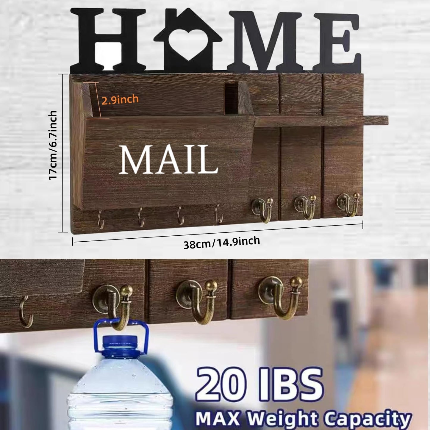 DearyHome Rustic Wall Key Holder with Shelf & Hooks - Mail Organizer for Entryway | Wooden Key Rack for Keys, Coats, Dog Leash - Brown