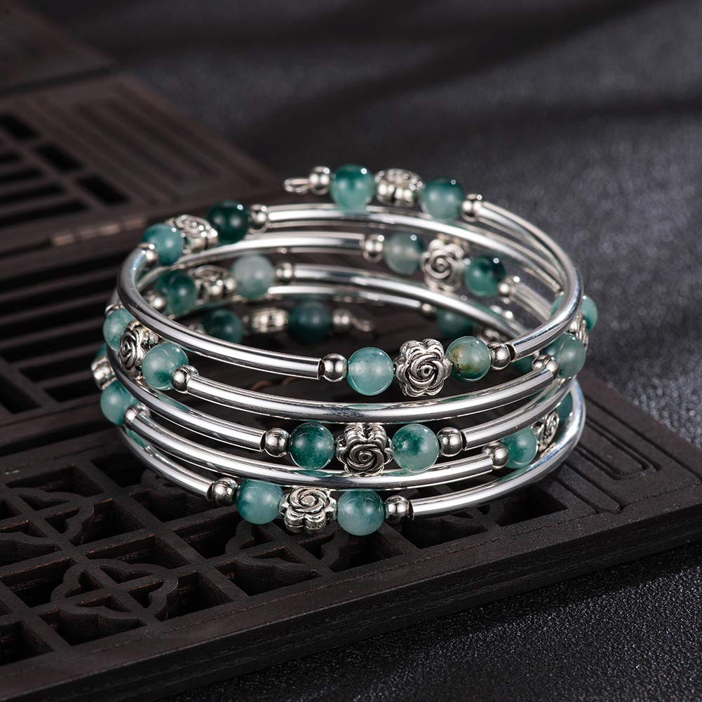 BULINLIN Wrap Bangle Rose Bead Bracelet - Beaded Bracelet with Natural Agate Stone Gifts For Women(01-Jade green)