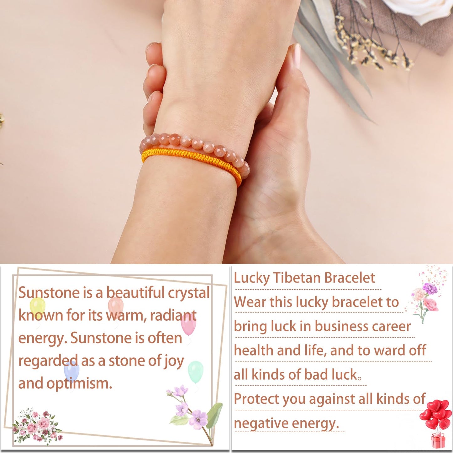 LPBeads 6mm SunStone Bracelet with Handmade Rope Bracelet Size Adjustable Natural Stone Crystal Healing Bracelets Gifts for Unisex Adults