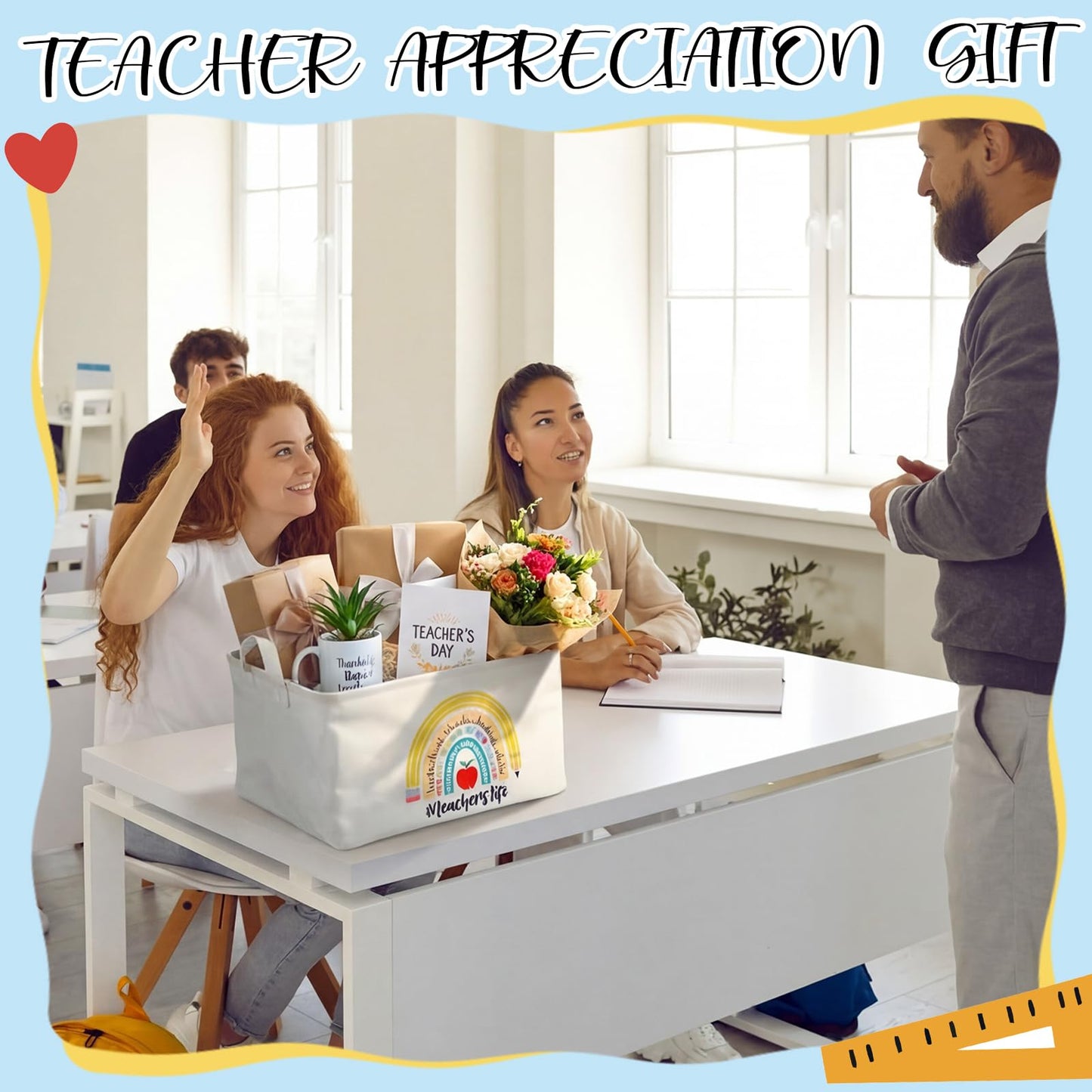 Breling 4 Pcs Teacher Appreciation Gift Basket Empty Best Teacher Ever Storage Baskets with Handle Large Collapsible Storage Bins Box for Teacher's Appreciation Week Book Office, 15 x 10 x 8 in