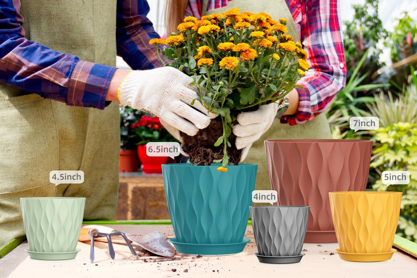 SQKH 4/4.5/5/5.5/6/6.5/7 Inch Plant Pots,7 Pack Flower Pots with Drainage Holes and Trays,Plastic Planters for Indoor Outdoor Plants Growth,Multicolor