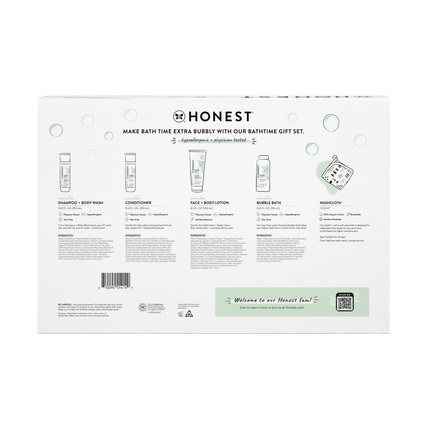 The Honest Company Fragrance-Free Bathtime Gift Set, Hypoallergenic, Bath Essentials for Sensitive Skin, Shampoo and Body Wash, Face Lotion, Bubble Bath, Conditioner, Wash Cloth