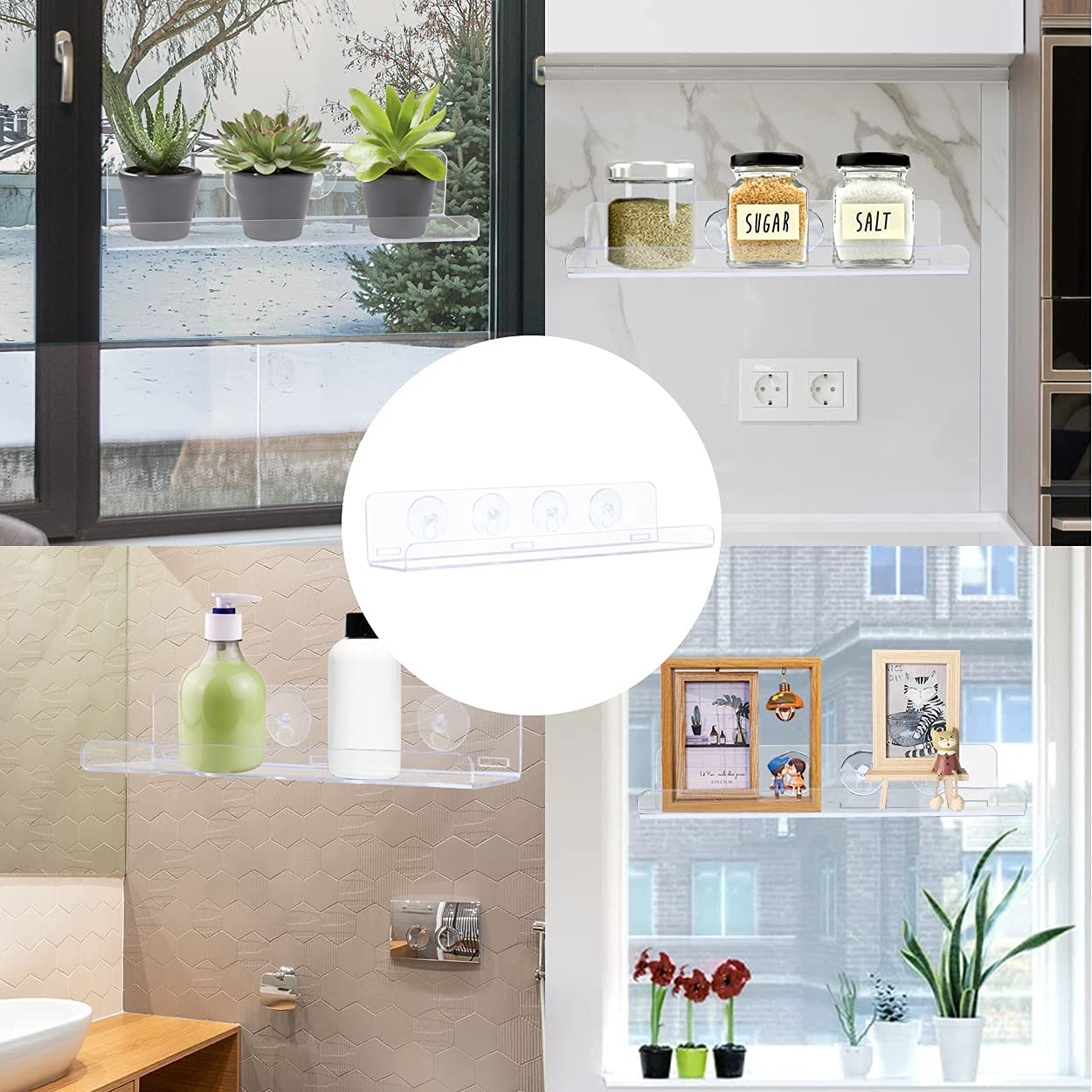 Sumerflos 2 Pack Window Shelves for Plants, Clear Acrylic Suction Cup Shelf, Window Sill Extender Floating Shelves for Indoor Plant, Flowers, Succulents, Seed Starter Pots