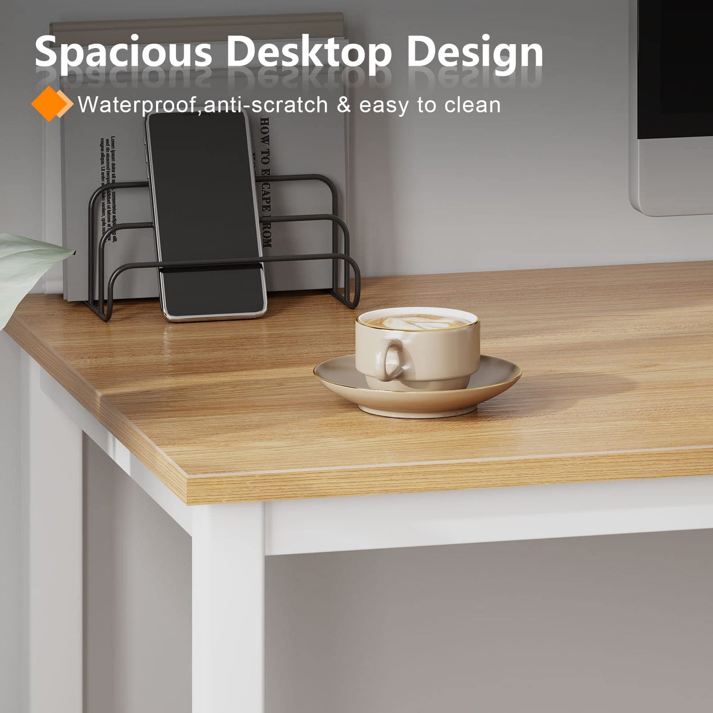 Need Computer Desk, 47 inch Home Office Desk, Modern Simple Style Home Office Gaming Desk, Basic Writing Table for Study Student, White Metal Frame, Teak Tabletop