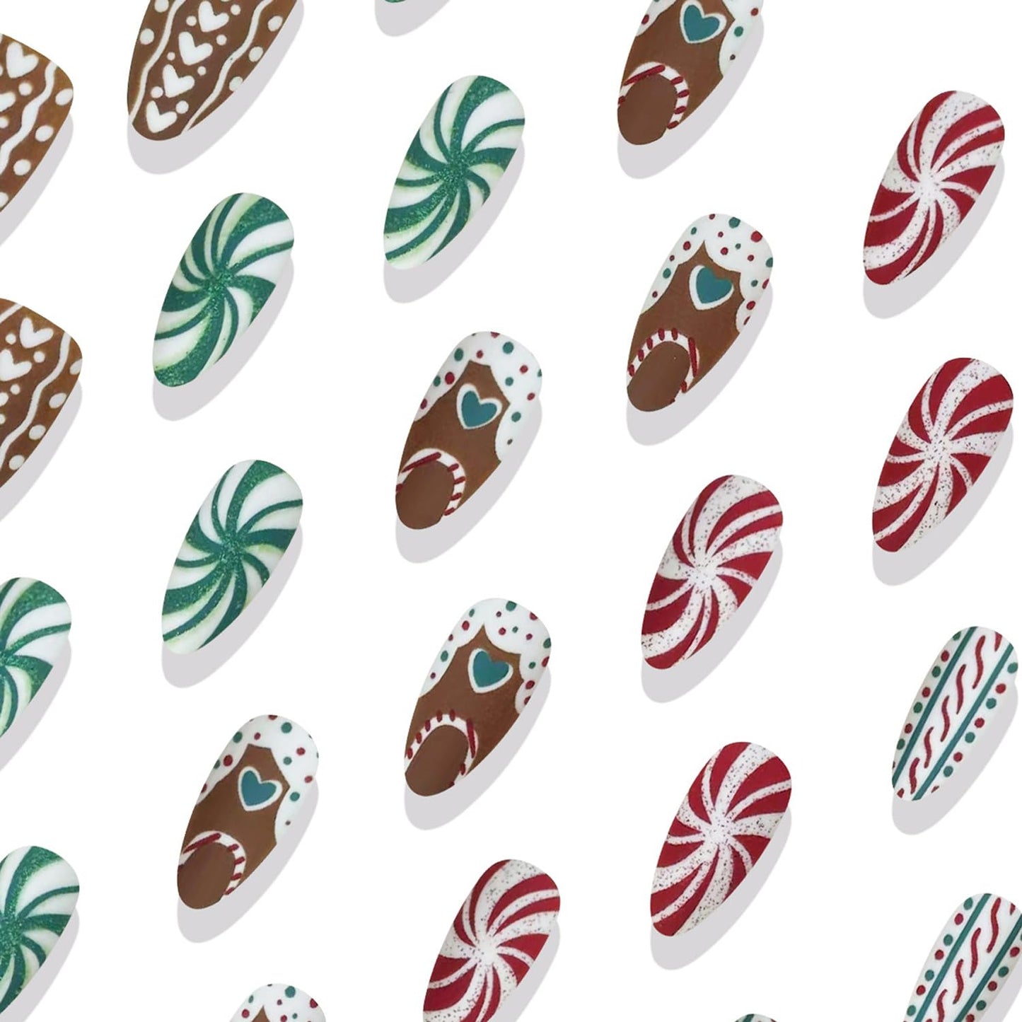 30Pcs Christmas Press on Nails Medium Almond Fake Nails Christmas Red and Green Spiral Heart Pattern Brown Striped Press on Xmas False Nails Handmade Stick on Nails for Women DIY
