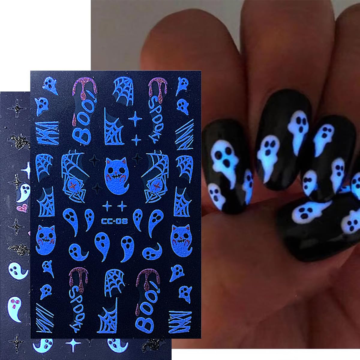 5Sheets Glow in Dark Halloween Nail Art Stickers - Luminous Spooky Nail Decals with Cute Ghost, Bat & Spider Designs for Women & Girls