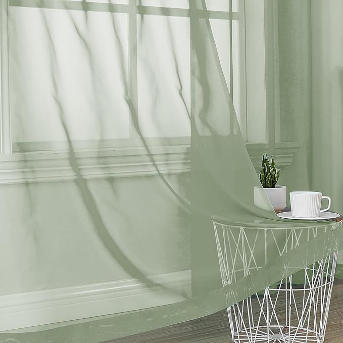 OVZME 2 Pieces Sage Green Sheer Curtains 108" Length for Farmhouse, Light Filtering Window Panel for Living Room Bedroom Dining, Sage Green, Each W42 X L108