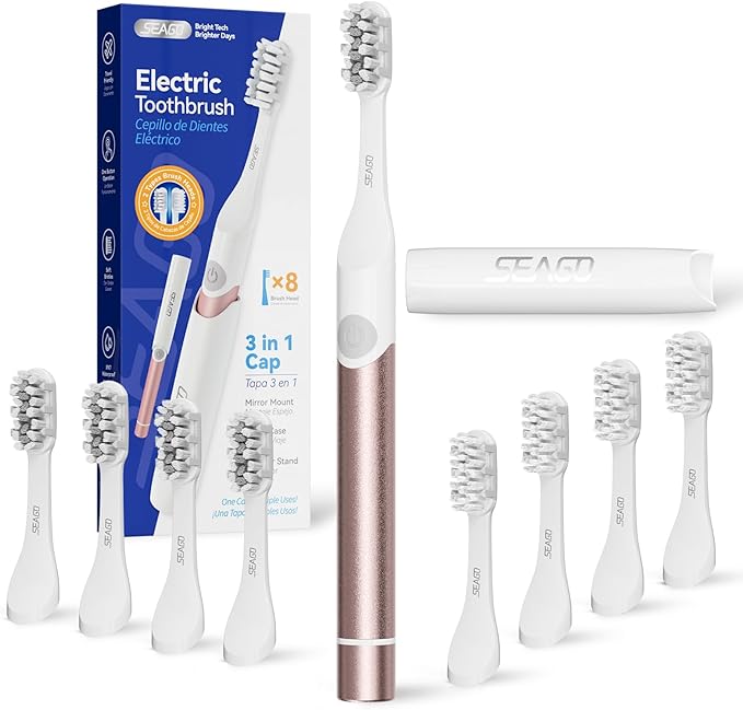 SEAGO Electric Toothbrush for Adults - 3 in 1 Holder with 8 pcs Replaceable Brush Battery Operated Travel Toothbrush kit Portable and 2 Minute Timer (Rose Gold, Middle)
