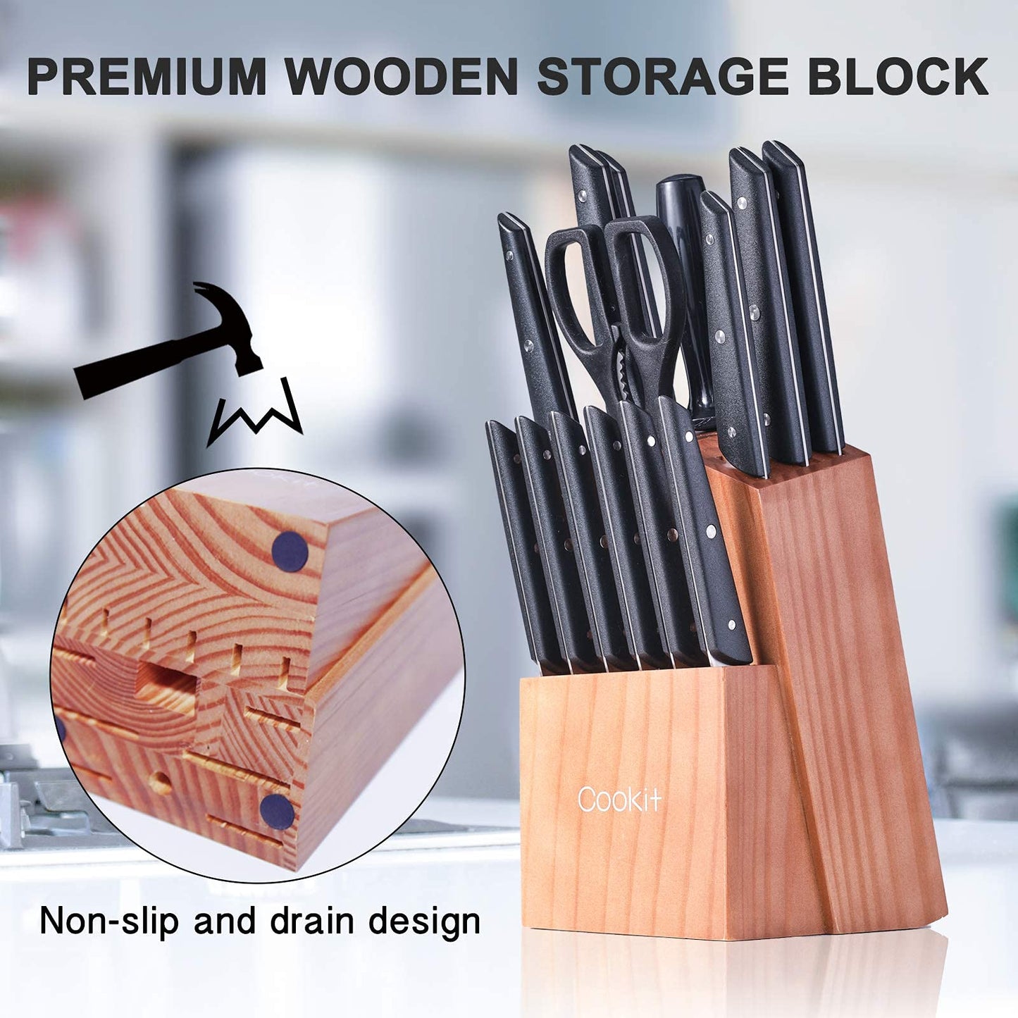 Knife Set with Block, Cookit 15 Pieces Kitchen Knife Set with Pine Block Holder, Knife Block Set with Sharpener, High Stainless Steel Knives with Comfortable-Grip ABS Handles
