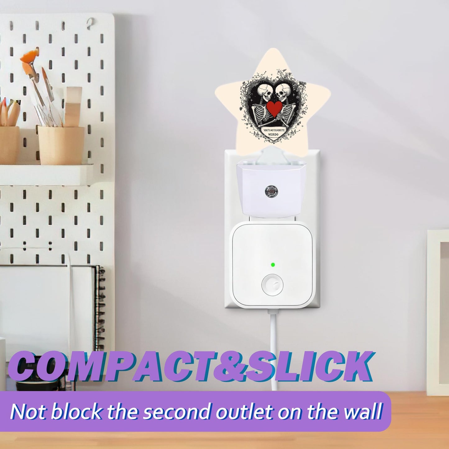 Snowmolle Gothic Skeleton Night Lights Plug Into Wall Decorative,Red Heart Sleep Friendly Lamp, Energy Efficient Dusk-to-Dawn Sensor Nightlights for Kid Bedroom Nursery Bathroom