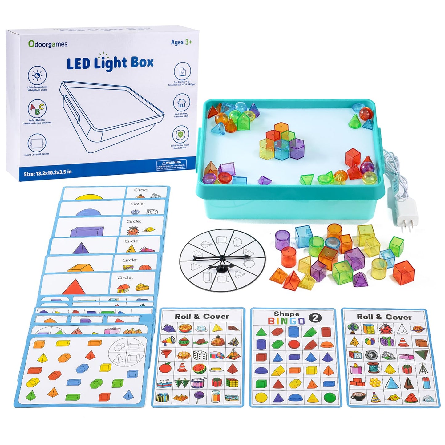 Odoorgames Light Box with Shapes & Cards Set – Light Table for Kids, Educational Toys for Tracing, Sensory Play & Early Learning (Cyan)