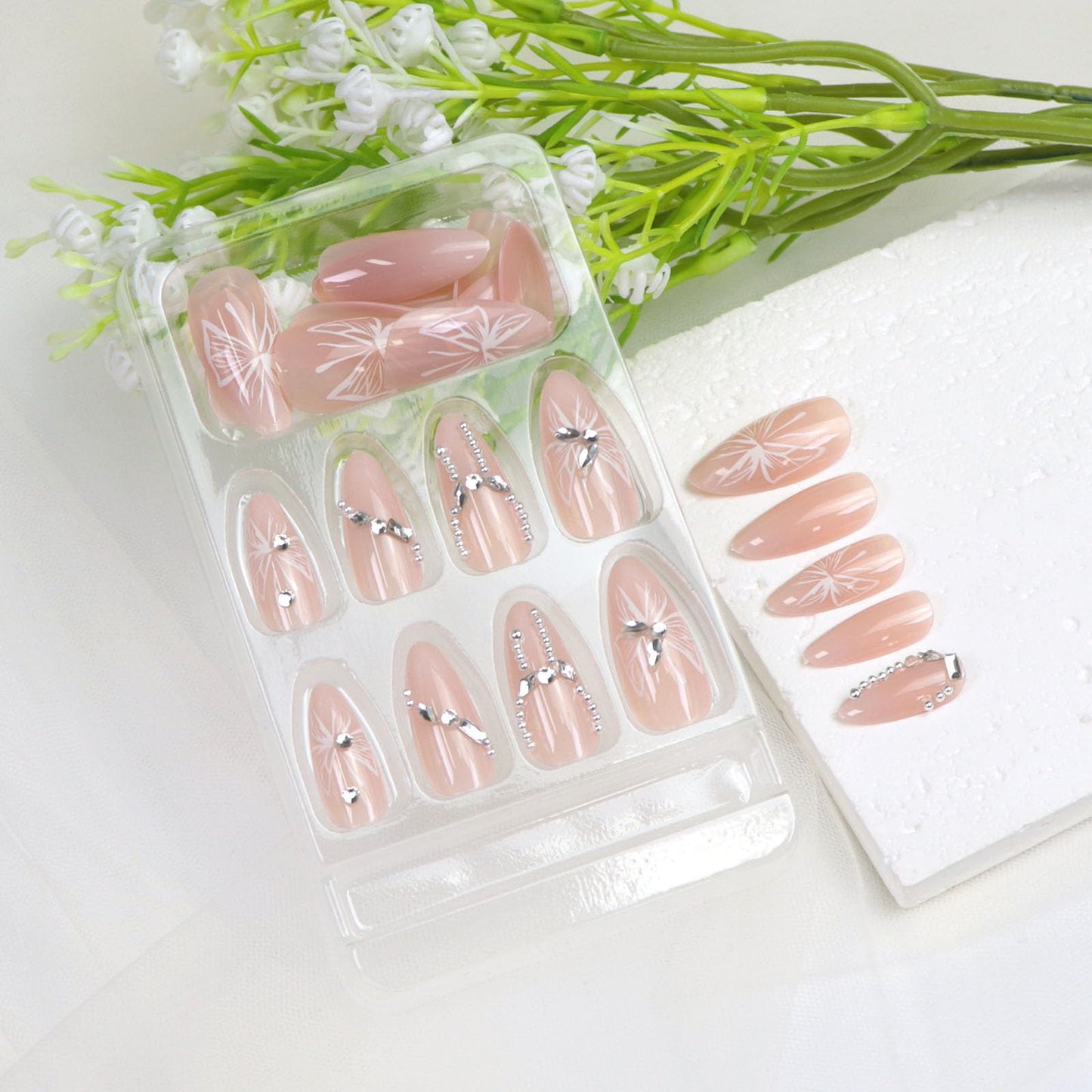 Almond Press on Nails Medium Fake Nails with Pearls Rhinestones Butterfly Designs Glossy Glue on Nails Press ons Pink Full Cover Artificial Stick on Nails for Women 24Pcs