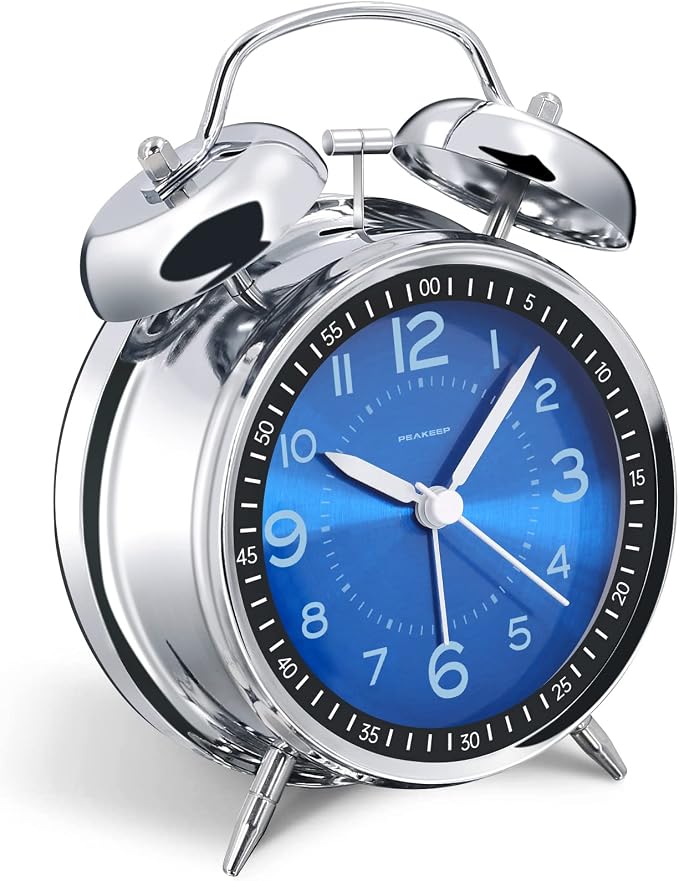 Peakeep Loud Alarm Clock for Heavy Sleepers Adults, Metal 4.5 Inches | Twin Bell Battery Operated Analog Alarm Clocks for Bedrooms Kids' Room Decoration (Jewel Blue)