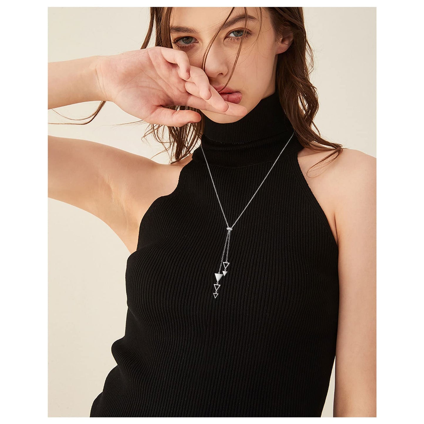 FLYOW 30 Inch Long Chain Dainty Lariat Necklace Simple Style 925 Sterling Silver Multiple Triangle Pendant Adjustable Y Shaped Necklace Jewelry