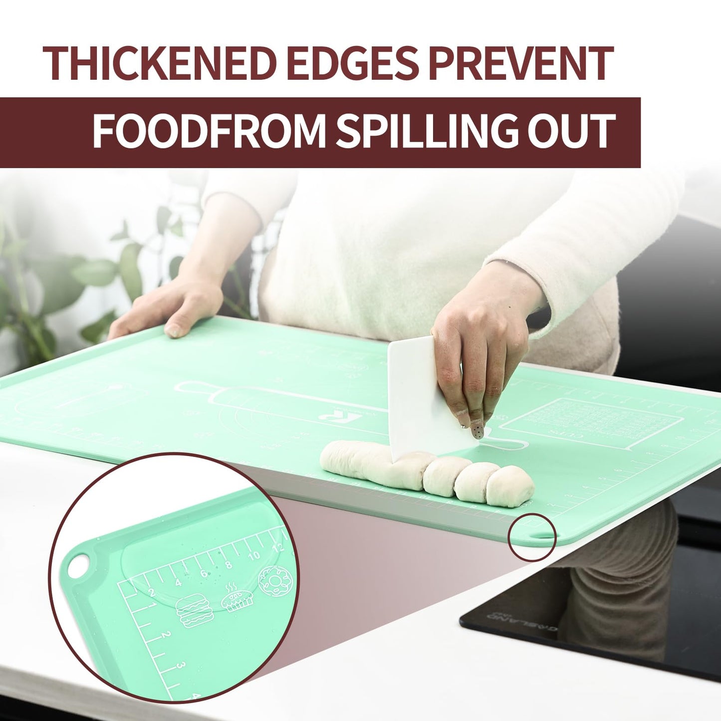 Silicone Baking Mat 20"L x 28"W, Extra Thick Dough Rolling Pad with Measurements and Edge Heightening, Non-stick Food Grade Silicone Pastry Mat for Pastry, Bread, Cookies