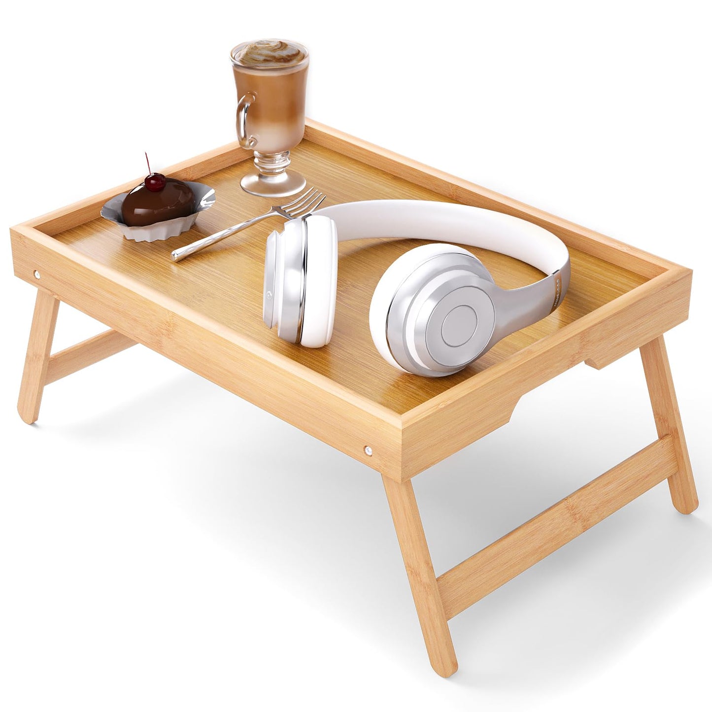 Bamboo Bed Tray Table with Foldable Legs Breakfast Tray, Lightweight Laptop Desk for Eating, Reading, Working in Bed or Sofa – Portable Lap Desk with Handles, Perfect for Home - Natural