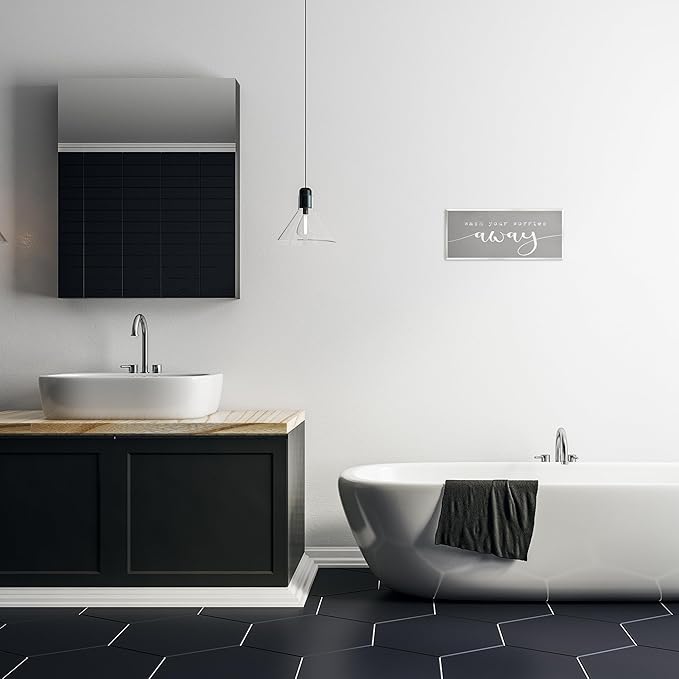 Stupell Industries Wash Your Worries Away Phrase Bathroom Relaxation, Designed by Daphne Polselli Wall Plaque, Grey