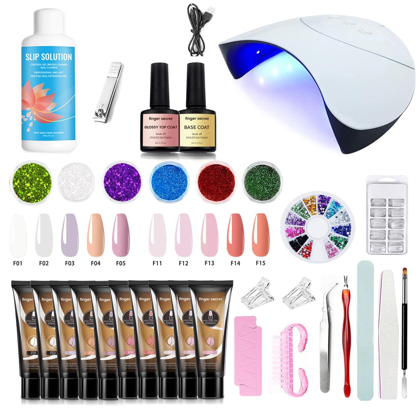 Poly Gel Nail Kit - Professional Nail Gel Set with Slip Solution and Lamp Nail Art Design for Beginner, All-in-One French Kit, Nail Thickening Solution (Package 5)