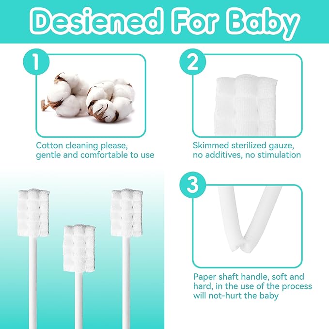 Baby Tongue Cleaner Toothbrush 30Pcs Disposable Infant Tooth Brush Clean Baby Mouth with 2Pcs Finger Toothbrush Oral Cleaning Stick Gauze Cleaner Stick Dental (Beige, 32 Piece Assortment)